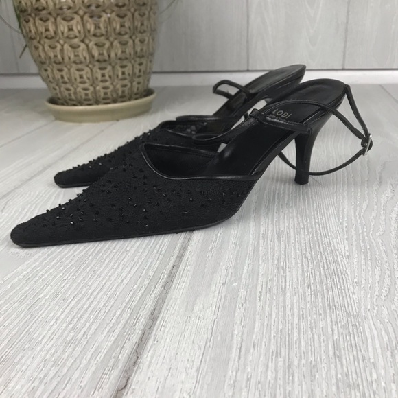 Lodi embellished beaded black pointed toe leather ankle strap heels - Picture 1 of 7